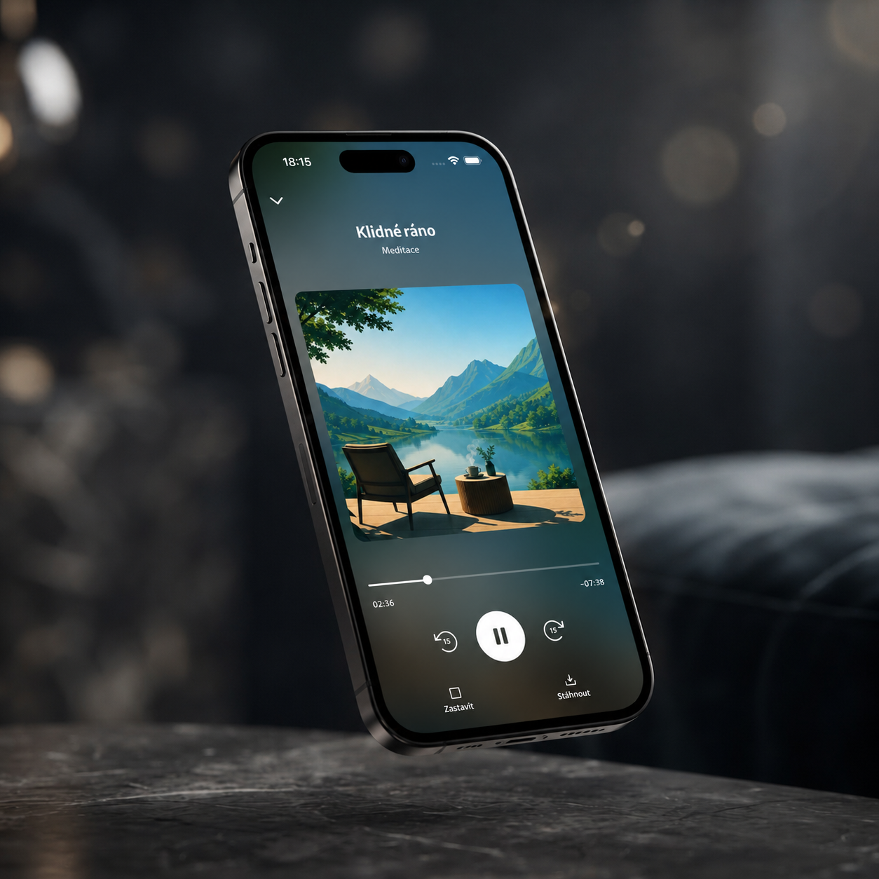 Preview of the Calmrize app, a meditation interface with a breathing animation